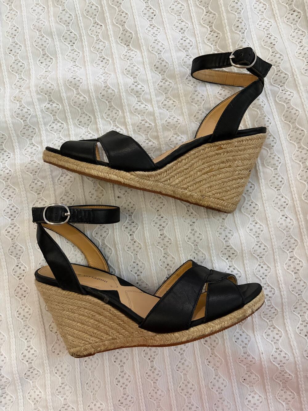 Adrienne Vittadini Black Espadrille Wedge Sandals Ankle Strap Size 7.5